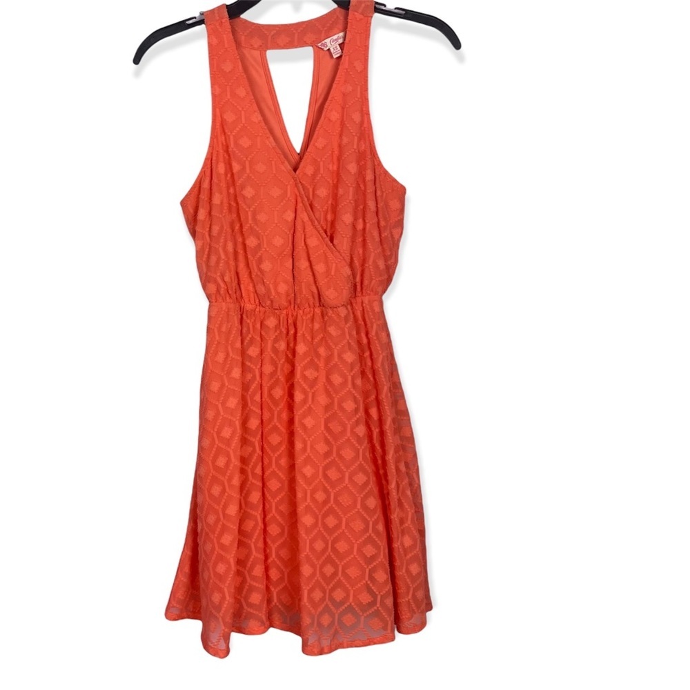 Candies Faux Wrap V Neck Dress Coral Geometric Design Keyhole XS